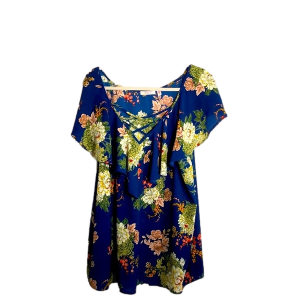 tempted blouse, size 2X, floral design on blue B/G